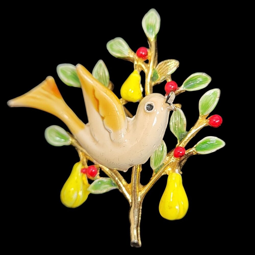 Vintage Signed ART Partridge in a Pear Tree Enamel Brooch